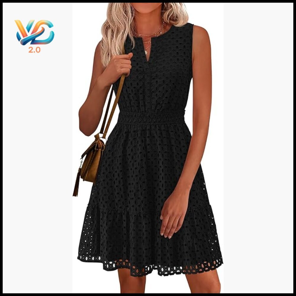 Sleeveless V-Neck A-Line Eyelet Dress, Knee-Length, Pull-On, Regular Fit